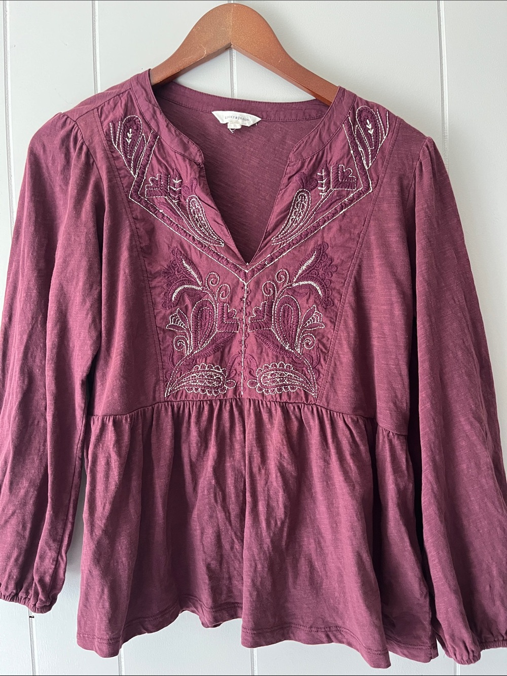 Lucky Brand Plum Embroidered V-Neck Peasant Tunic